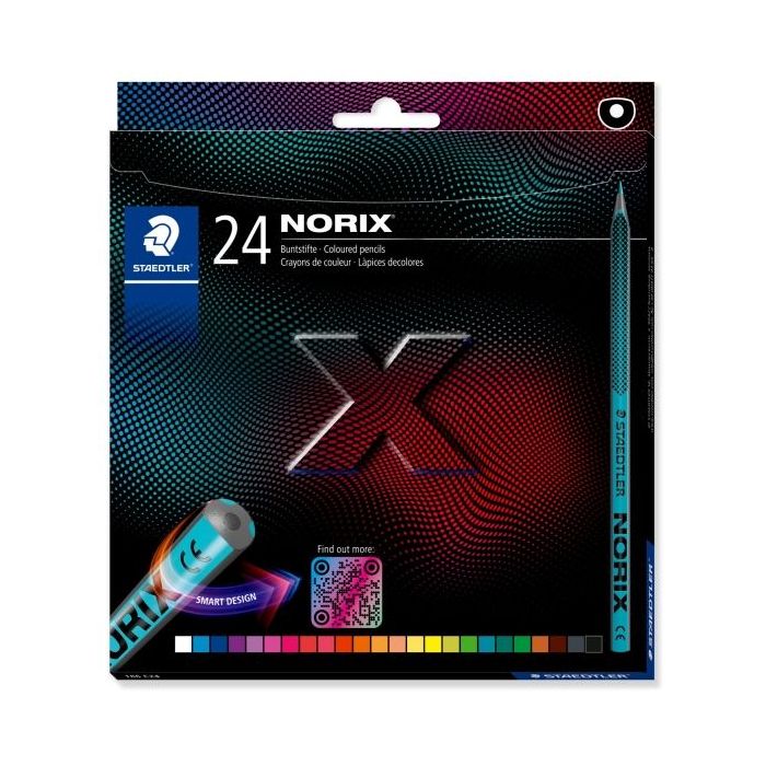 Staedtler Norix 186 Pack de 24 Lapices de Colores HB - Madera Negra - Mina de Grafito - Diseño Inteligente - Para Escribir, Dibujar y hacer Bocetos