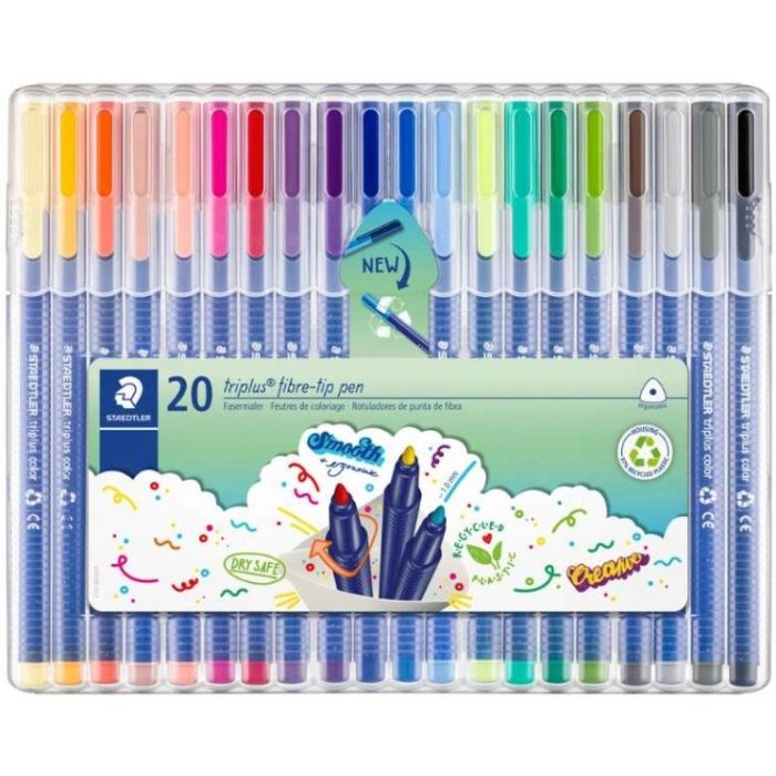 Staedtler Triplus Color 323 Pack con 20 Rotuladores - Trazo de 1mm aprox. - Tinta Base de Agua - 97% de Plastico Reciclado - Colores Surtidos