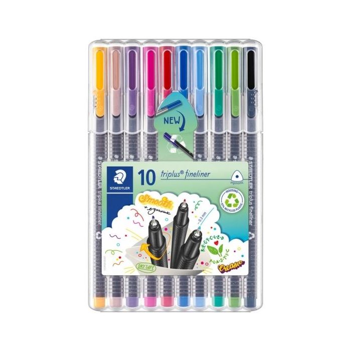 Staedtler Triplus Fineliner 334 Pack de 10 Rotuladores de Punta Fina - Trazo 0.3 mm aprox. - Tinta Base de Agua - 97% de Plastico Reciclado - Colores Surtidos