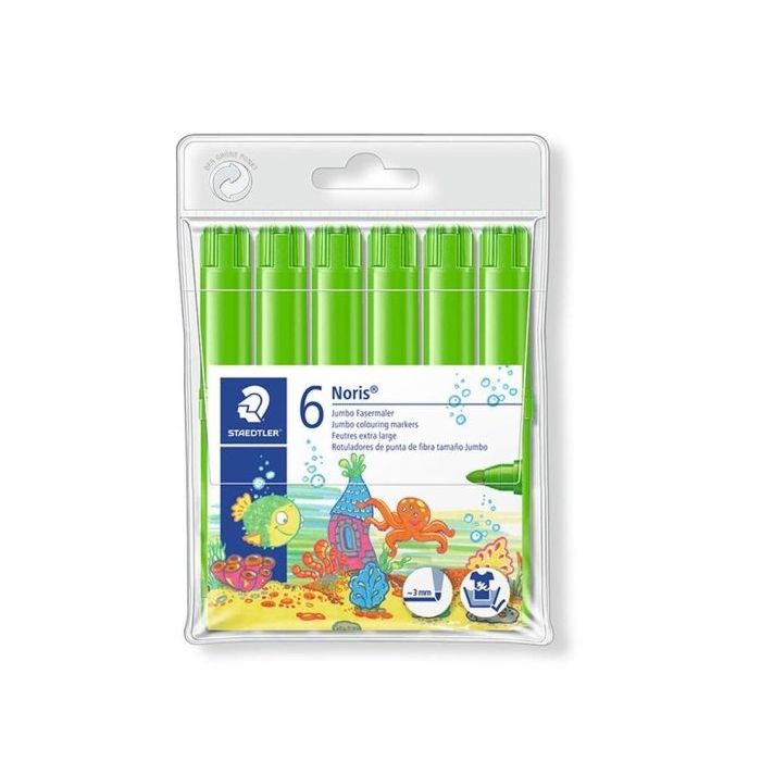 Staedtler Noris Jumbo 340 Pack de 6 Rotuladores Jumbo - Punta de Fibra - Trazo 3mm - Tapa Ventilada - Color Verde Claro