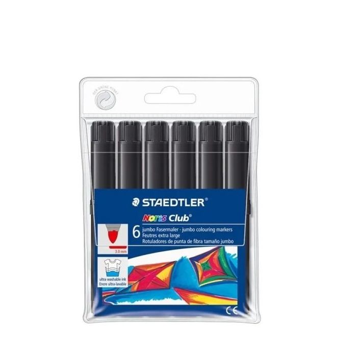 Staedtler Noris Jumbo 340 Pack de 6 Rotuladores Jumbo - Punta de Fibra - Trazo 3mm - Tapa Ventilada - Color Negro