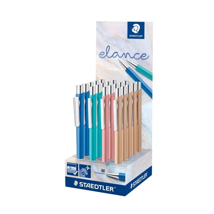 Staedtler Elance Expositor con 20 Boligrafos Retractiles - Tinta Azul - Ancho de Linea M - Colores Surtidos