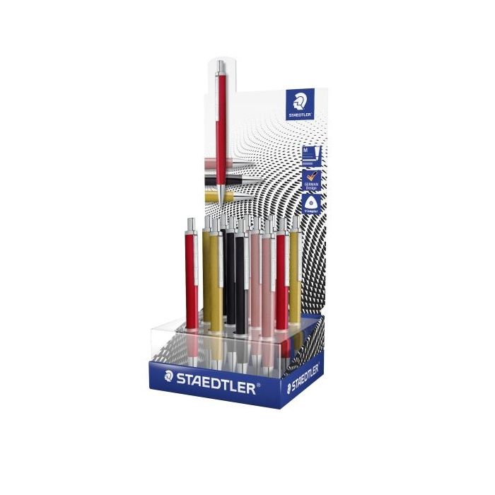 Staedtler Triplus Expositor con 12 Boligrafos Retractiles - Tinta Azul - Ancho de Linea M - Colores Surtidos