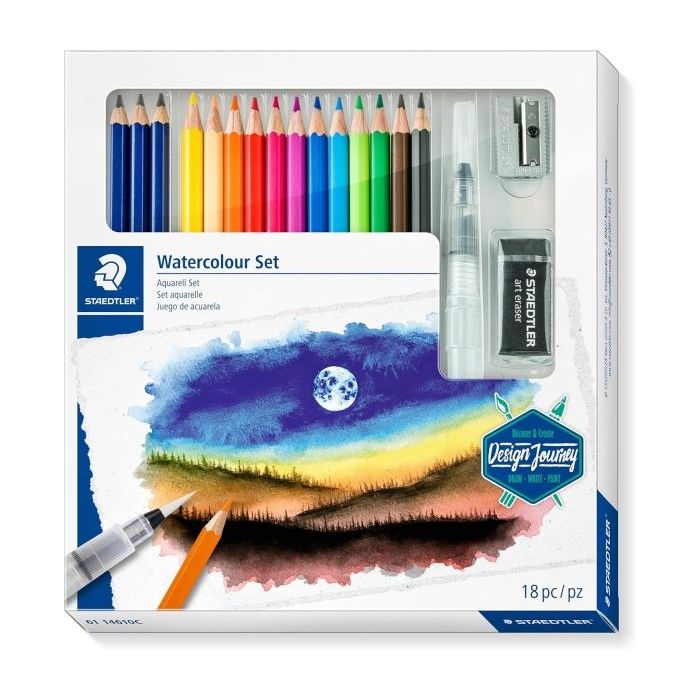 Staedtler Watercolour Set Design Journey Pack con 12 Lapices de Colores Surtidos Acuarelables, 3 Lapices Mars Lumograph Acuarelables, Borrador Artistico, Pincel Medio y Afilalapices