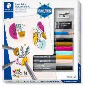 Staedtler Line Art & Botanical Set Design Journey Pack con 6 Rotuladores Pigment Art en Colores Surtidos, Lapiz, Goma de Borrar y Afilalapices