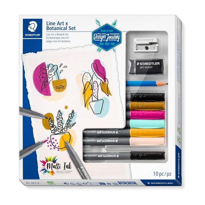 Staedtler Line Art & Botanical Set Design Journey Pack con 6 Rotuladores Pigment Art en Colores Surtidos, Lapiz, Goma de Borrar y Afilalapices
