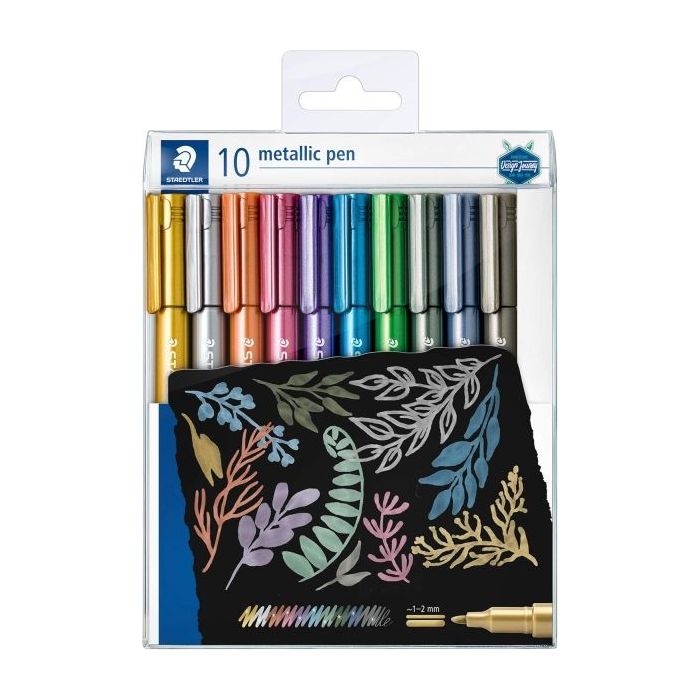 Staedtler Metallic Pen Pack de 10 Rotuladores de Punta Fina - Trazo 1 - 2mm Aprox - Tinta Base de Agua - Colores Surtidos