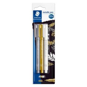 Staedtler Metallic Pen Pack de 3 Rotuladores de Punta Fina - Trazo 1 - 2mm - Tinta Base de Agua - Colores Blanco, Oro y Plata
