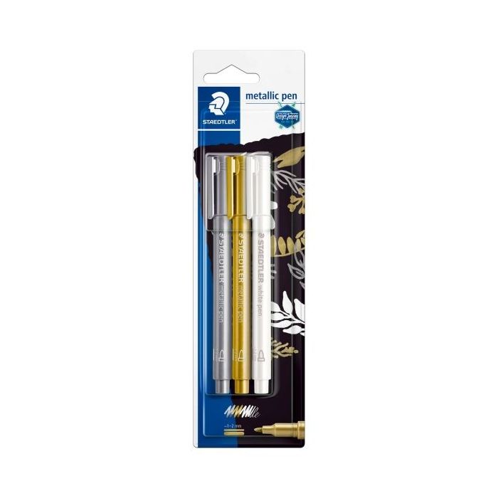 Staedtler Metallic Pen Pack de 3 Rotuladores de Punta Fina - Trazo 1 - 2mm - Tinta Base de Agua - Colores Blanco, Oro y Plata
