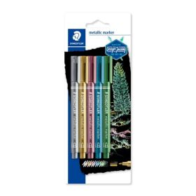Staedtler Metallic Pen Pack de 5 Rotuladores de Punta Fina - Trazo 1 - 2mm - Tinta Base de Agua - Colores Surtidos