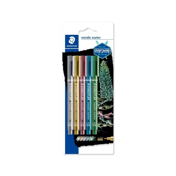 Staedtler Metallic Pen Pack de 5 Rotuladores de Punta Fina - Trazo 1 - 2mm - Tinta Base de Agua - Colores Surtidos