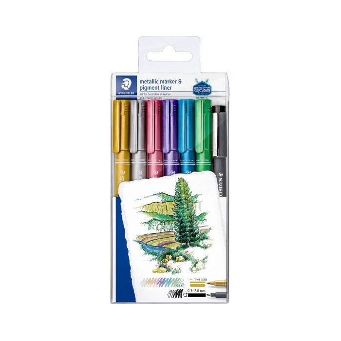 Staedtler Metallic Pen Pack de 6 Rotuladores de Punta Fina Trazo 1 - 2mm + Rotulador Pigment Liner Trazo 0.3 - 2mm - Tinta Base de Agua - Colores Surtidos