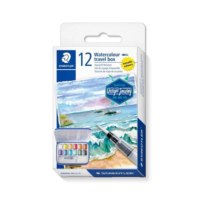 Staedtler 888 Design Journey Caja Metalica con 12 Pastillas de Acuarela Tonos Metalicos + Pincel de Agua M + Esponja - Tapa con Paleta para Mezclar - Colores Surtidos
