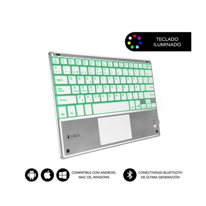 Subblim Teclado Retroiluminado Ultrafino SMART BT - TouchPad - Iluminación Hasta 7 Colores Ajustables - Bluetooth 3.0 - Autonomia 30 dias - Color Plata