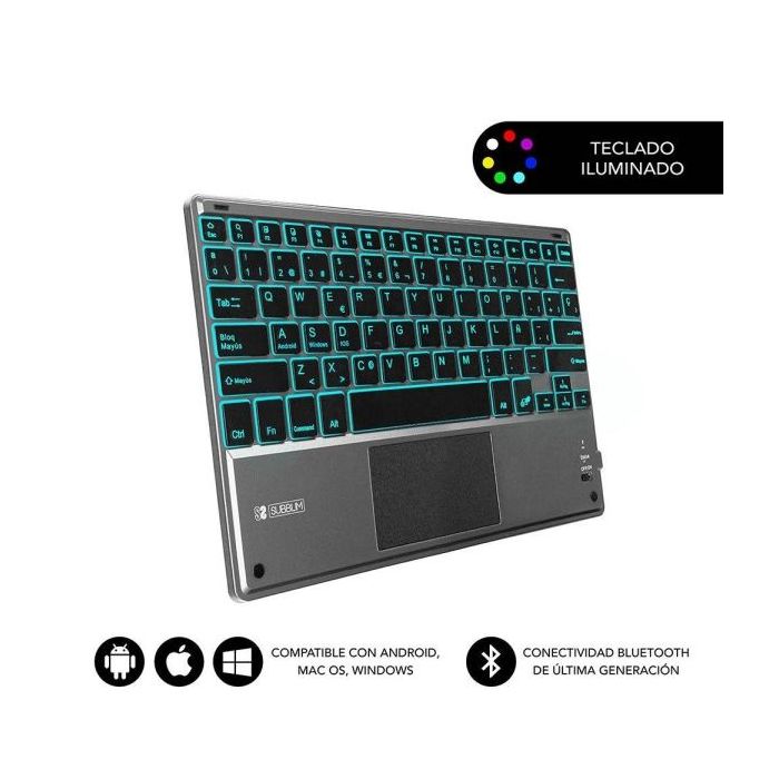 Subblim Teclado Retroiluminado Ultrafino SMART BT - TouchPad - Iluminación Hasta 7 Colores Ajustables - Bluetooth 3.0 - Autonomia 30 dias - Color Negro