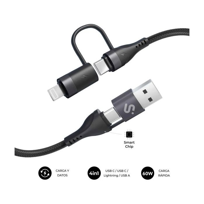 Subblim Cable Top 4 en 1 - USB-A USB-C Lightning - 60W - Nylon Trenzado - Carga Rapida - 1 Metro