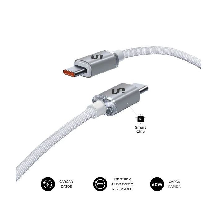 Subblim Cable Optimus USB-C - 60W - Nylon Trenzado - 480Mbps - 2 Metros - Color Blanco