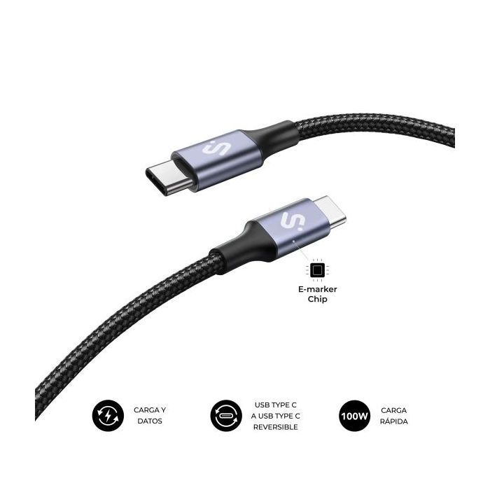 Subblim Cable Plus USB-C - 100W - Nylon Trenzado - 480Mbps - Chip E-Marker - 1 Metro - Color Negro