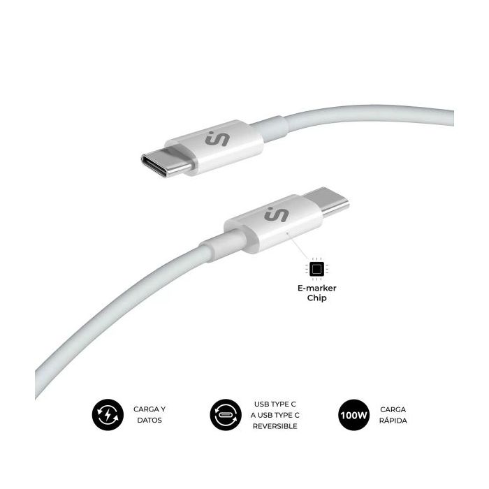 Subblim Cable Plus USB-C - 100W - Nylon Trenzado - 480Mbps - Chip E-Marker - 2 Metros - Color Blanco