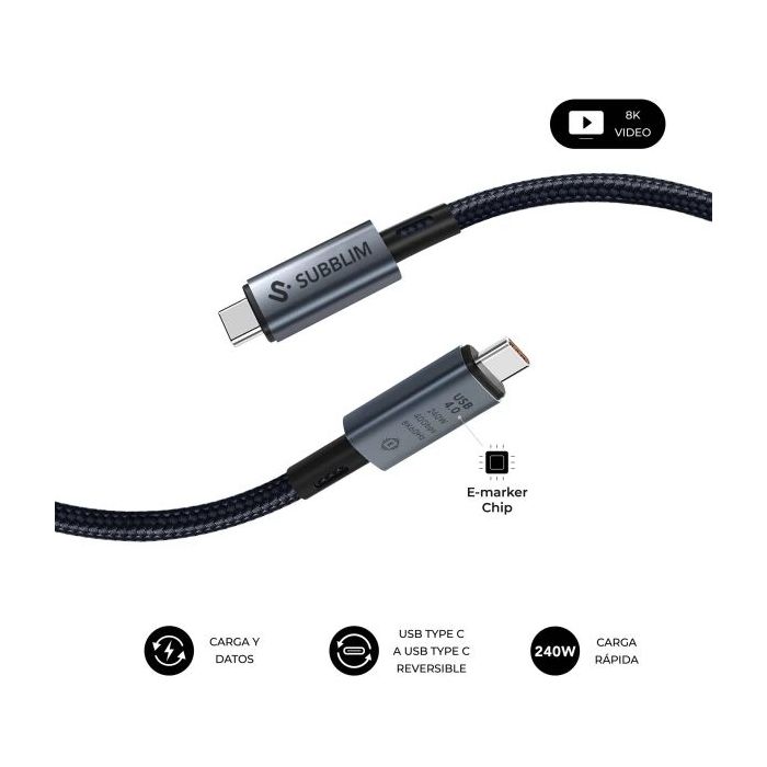 Subblim Cable High USB-C - 240W - Nylon Trenzado - 40Gbps - Chip E-Marker - 1.5 Metros - Color Negro