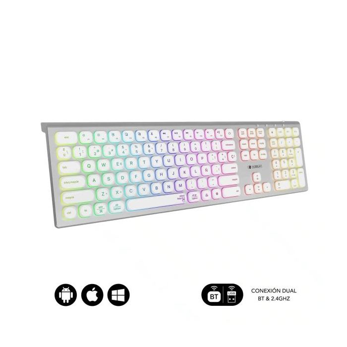 Subblim Teclado Inalambrico Master - Bluetooth y 2.4G - Iluminado - Teclas Ergonomicas de Bajo Perfil - Color Blanco Plata