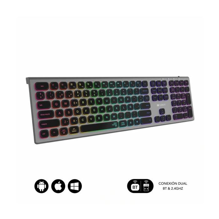 Subblim Teclado Inalambrico Master - Bluetooth y 2.4G - Iluminado - Teclas Ergonomicas de Bajo Perfil - Color Gris Negro