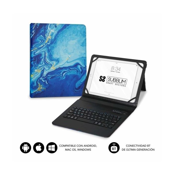 Subblim Keytab Pro Bluetooth Funda universal 9-10.1" - Diseño ultradelgado - Soporte ajustable - Sistema magnético - Resistente y adaptable - Inalámbrico - Bluetooth - Color Marmol Azul