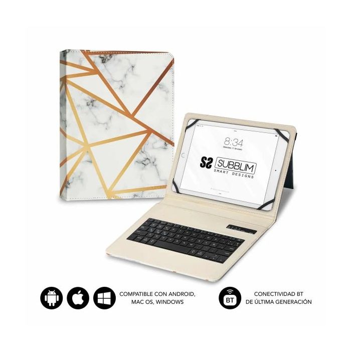 Subblim Keytab Pro Bluetooth Funda universal 9-10.1" - Diseño ultradelgado - Soporte ajustable - Sistema magnético - Resistente y adaptable - Inalámbrico - Bluetooth - Color Marmol Blanco