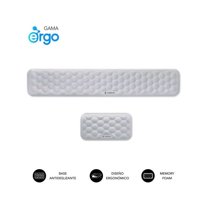 Subblim Pack Ergo Airpadding Reposamuñecas para Teclado y Raton - Espuma Viscoelastica 65D - Tejido AirMesh Transpirable - Base Antideslizante - Color Plata
