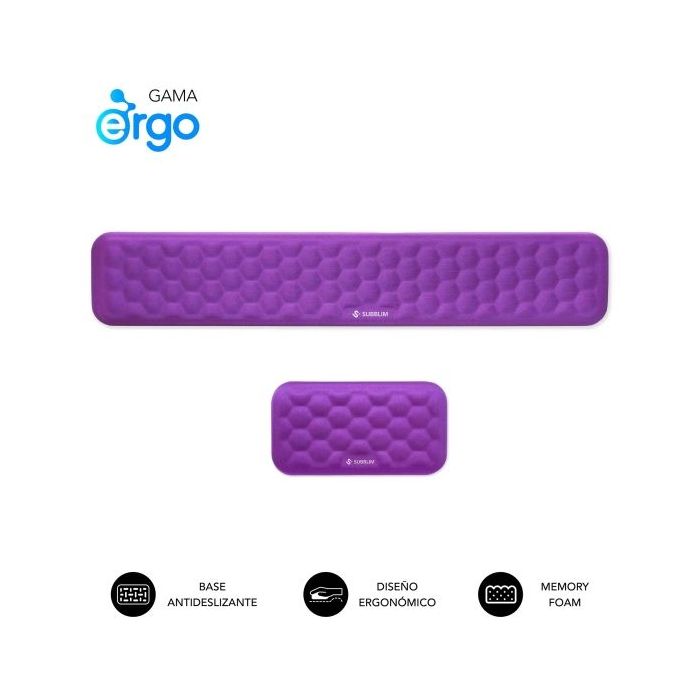 Subblim Pack Ergo Airpadding Reposamuñecas para Teclado y Raton - Espuma Viscoelastica 65D - Tejido AirMesh Transpirable - Base Antideslizante - Color Lila