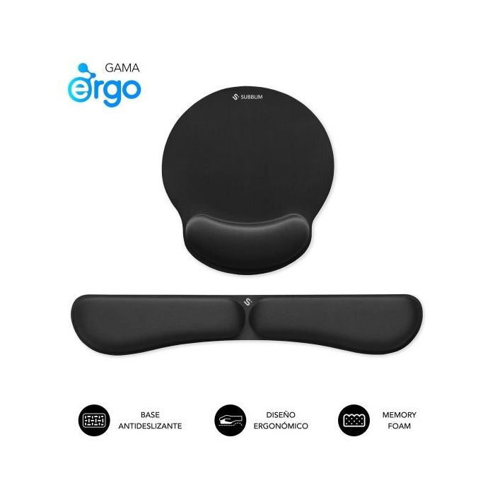 Subblim Pack Ergo MemoryFlex Alfombrilla Ergonomica para Raton y Reposamuñecas Teclado - Espuma Elastica - Microtexturizada Impermeable - Base Antideslizante - Color Negro