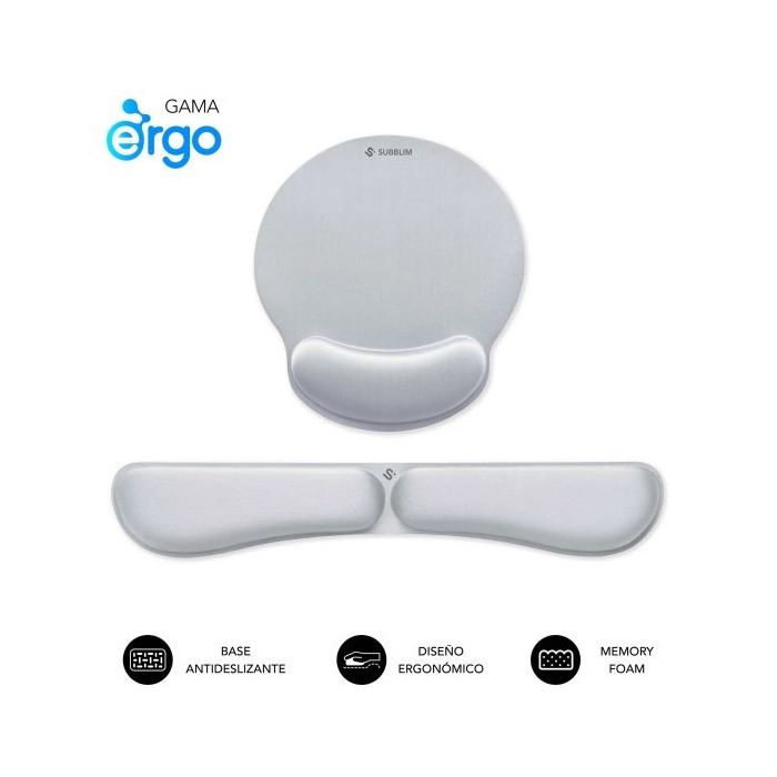 Subblim Pack Ergo MemoryFlex Alfombrilla Ergonomica para Raton y Reposamuñecas Teclado - Espuma Elastica - Microtexturizada Impermeable - Base Antideslizante - Color Plata