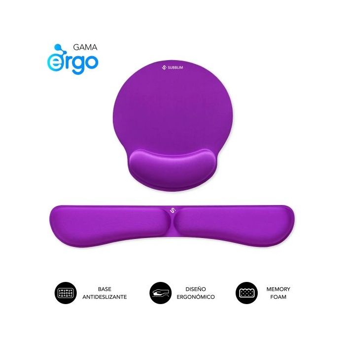 Subblim Pack Ergo MemoryFlex Alfombrilla Ergonomica para Raton y Reposamuñecas Teclado - Espuma Elastica - Microtexturizada Impermeable - Base Antideslizante - Color Lila