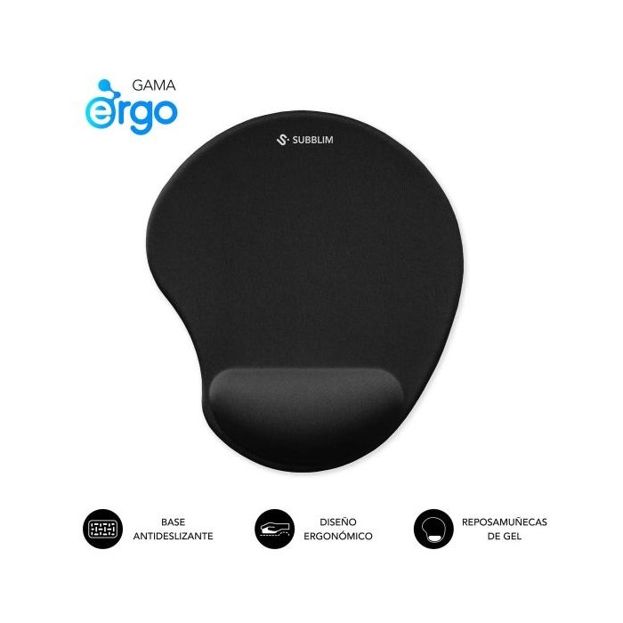 Subblim Ergo Neogel Alfombrilla Ergonomica para Raton - Espuma Elastica - Microtexturizada Impermeable - Base Antideslizante - Color Negro