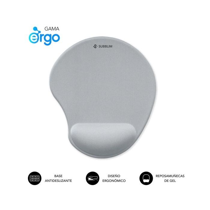 Subblim Ergo Neogel Alfombrilla Ergonomica para Raton - Espuma Elastica - Microtexturizada Impermeable - Base Antideslizante - Color Plata