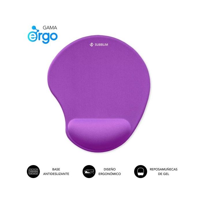 Subblim Ergo Neogel Alfombrilla Ergonomica para Raton - Espuma Elastica - Microtexturizada Impermeable - Base Antideslizante - Color Lila