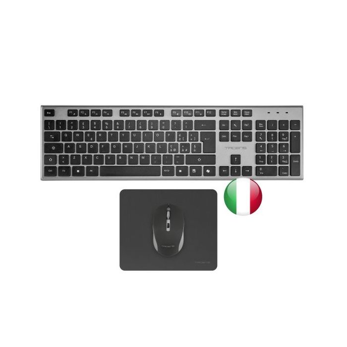 Tacens Zenith Combo Pack Inalabrico de Teclado Completo + Raton y Alfombrilla - Disposicion Italiana QWERTY IT - Teclas Silenciosas de Perfil Bajo - Sensor de 3200dpi - Conexion Dual Link 2.4GHz - Switches HUANO - Color Negro