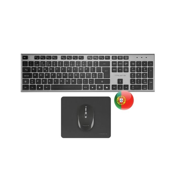 Tacens Zenith Combo Pack Inalabrico de Teclado Completo + Raton y Alfombrilla - Disposicion Portuguesa QWERTY PT - Teclas Silenciosas de Perfil Bajo - Sensor de 3200dpi - Conexion Dual Link 2.4GHz - Switches HUANO - Color Negro