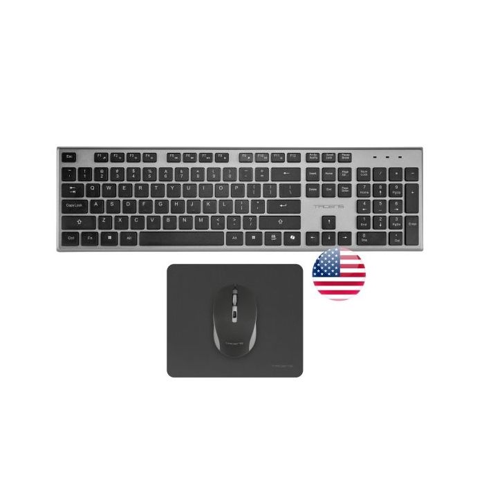 Tacens Zenith Combo Pack Inalabrico de Teclado Completo + Raton y Alfombrilla - Disposicion Internacional QWERTY US - Teclas Silenciosas de Perfil Bajo - Sensor de 3200dpi - Conexion Dual Link 2.4GHz - Switches HUANO - Color Negro
