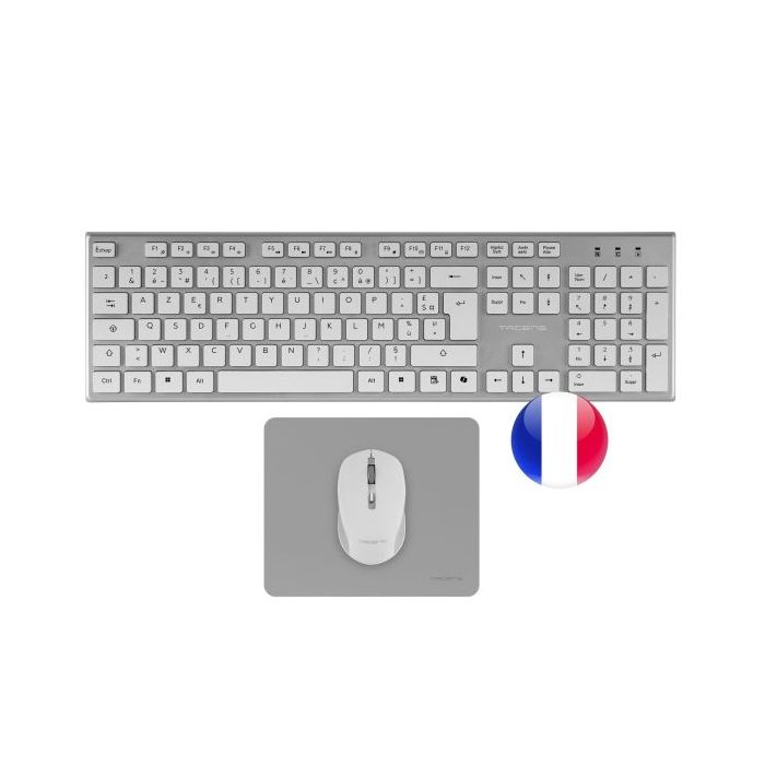 Tacens Zenith Combo Pack Inalabrico de Teclado Completo + Raton y Alfombrilla - Disposicion Francesa AZERTY FR - Teclas Silenciosas de Perfil Bajo - Sensor de 3200dpi - Conexion Dual Link 2.4GHz - Switches HUANO - Color Blanco