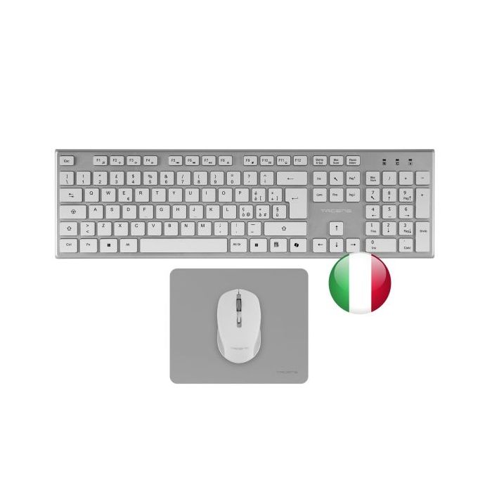 Tacens Zenith Combo Pack Inalabrico de Teclado Completo + Raton y Alfombrilla - Disposicion Italiana QWERTY IT - Teclas Silenciosas de Perfil Bajo - Sensor de 3200dpi - Conexion Dual Link 2.4GHz - Switches HUANO - Color Blanco