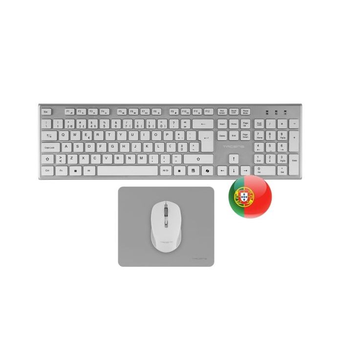 Tacens Zenith Combo Pack Inalabrico de Teclado Completo + Raton y Alfombrilla - Disposicion Portuguesa QWERTY PT - Teclas Silenciosas de Perfil Bajo - Sensor de 3200dpi - Conexion Dual Link 2.4GHz - Switches HUANO - Color Blanco
