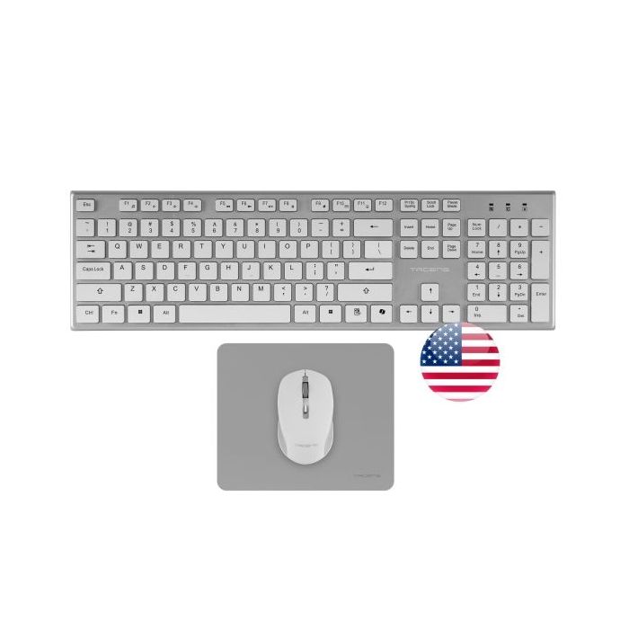 Tacens Zenith Combo Pack Inalabrico de Teclado Completo + Raton y Alfombrilla - Disposicion Internacional QWERTY US - Teclas Silenciosas de Perfil Bajo - Sensor de 3200dpi - Conexion Dual Link 2.4GHz - Switches HUANO - Color Blanco