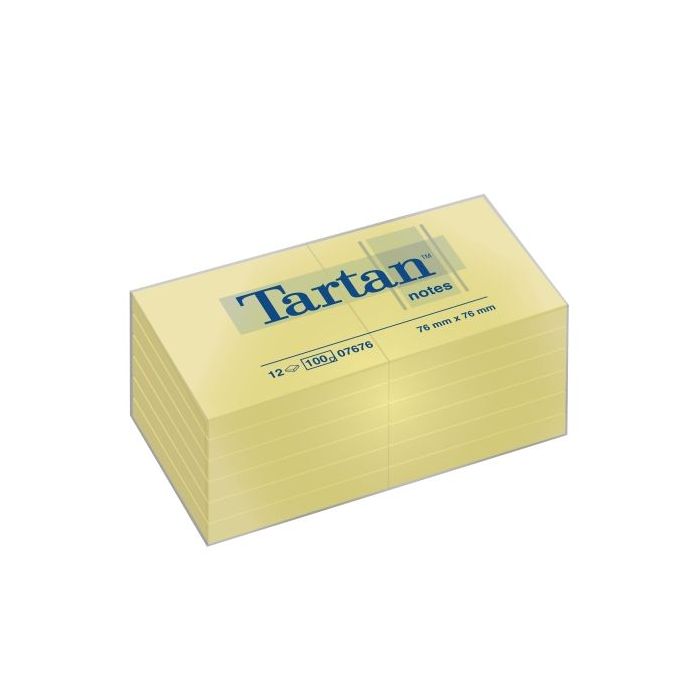 Tartan Pack de 12 Blocs de 100 Notas Adhesivas Reposicionables - 76x76mm - 100% PEFC - Color Amarillo Claro