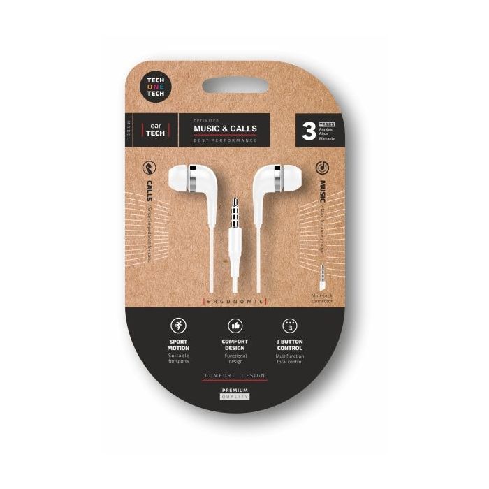 TechOneTech Soft EearTech Auriculares Intraurales - Microfono Integrado - Mini Jack 3.5mm - Cable de 1.20m - Blanco