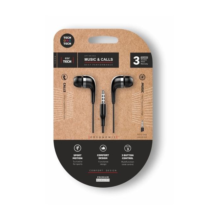 TechOneTech Soft EearTech Auriculares Intraurales - Microfono Integrado - Mini Jack 3.5mm - Cable de 1.20m - Negro