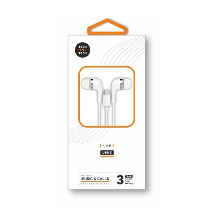 TechOneTech ear Tech Hop Auriculares Intraurales USB-C - Microfono Integrado - Cable de 1.20m - Blanco