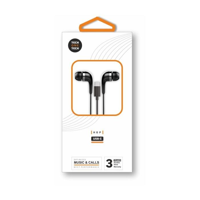 TechOneTech ear Tech Hop Auriculares Intraurales USB-C - Microfono Integrado - Cable de 1.20m - Negro