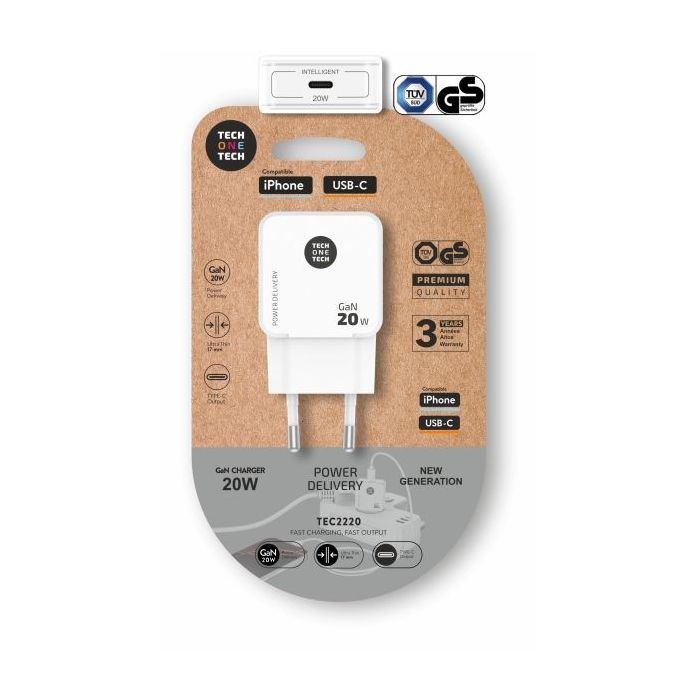 TechOneTech Cargador de Pared Ultrarrápido GaN 20w USB-C Blanco