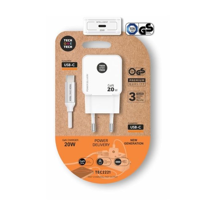 TechOneTech Cargador de Pared Ultrarrápido GaN 20w Blanco + cable USB-C